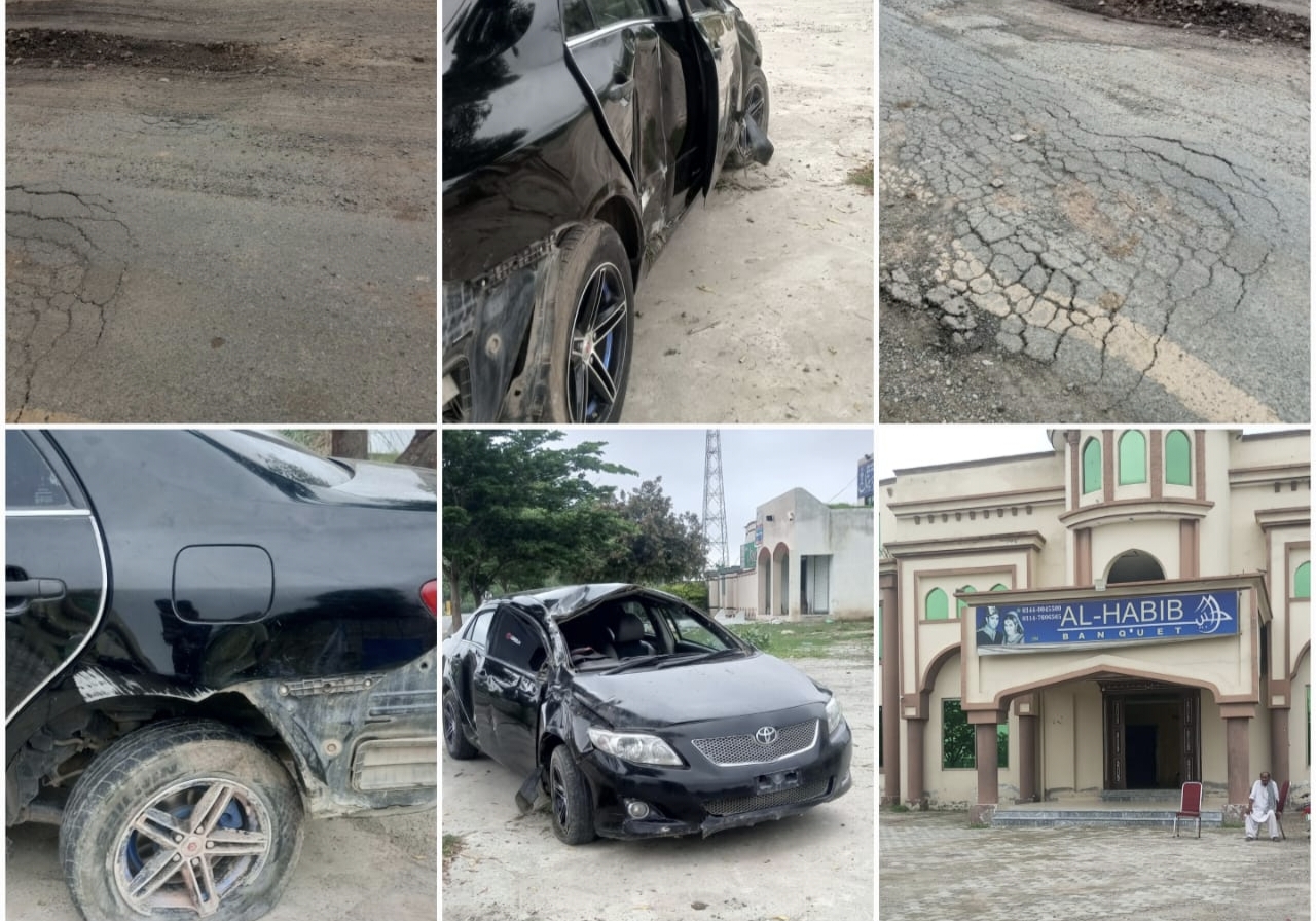 ڈنگہ گجرات روڈ پر الحبیب میرج ہال کے قریب سڑک کی خستہ حالت کے باعث کار کو حادثہ ، سوار شدید زخمی